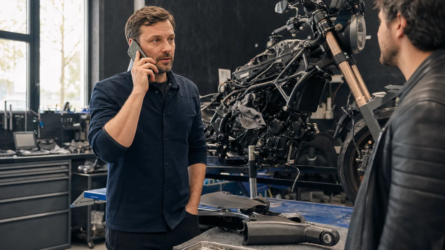Service advisor calmly communicates a parts delay beside a motorcycle under repair