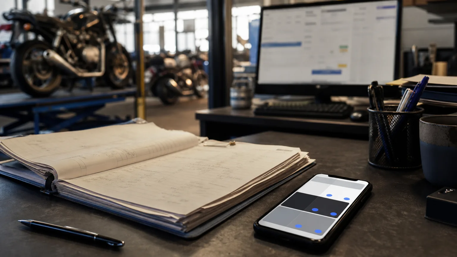 Workshop desk combining an established job folder with a focused digital status workflow