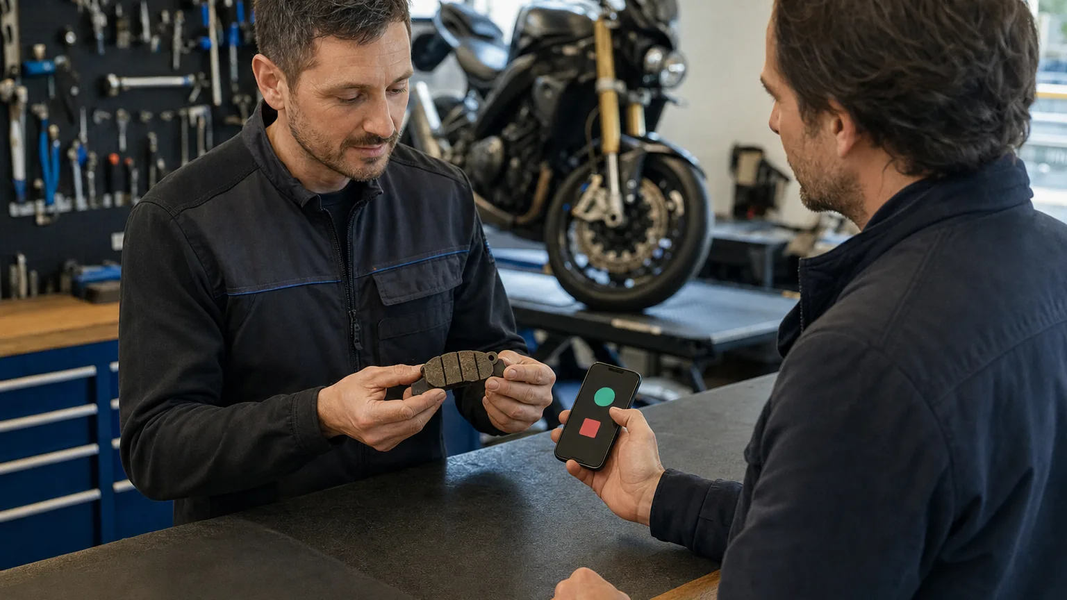 Mechanic explains a worn motorcycle component while a customer reviews the request