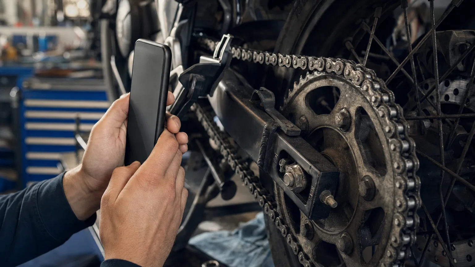 Mechanic photographs a worn motorcycle chain and sprocket for a customer update