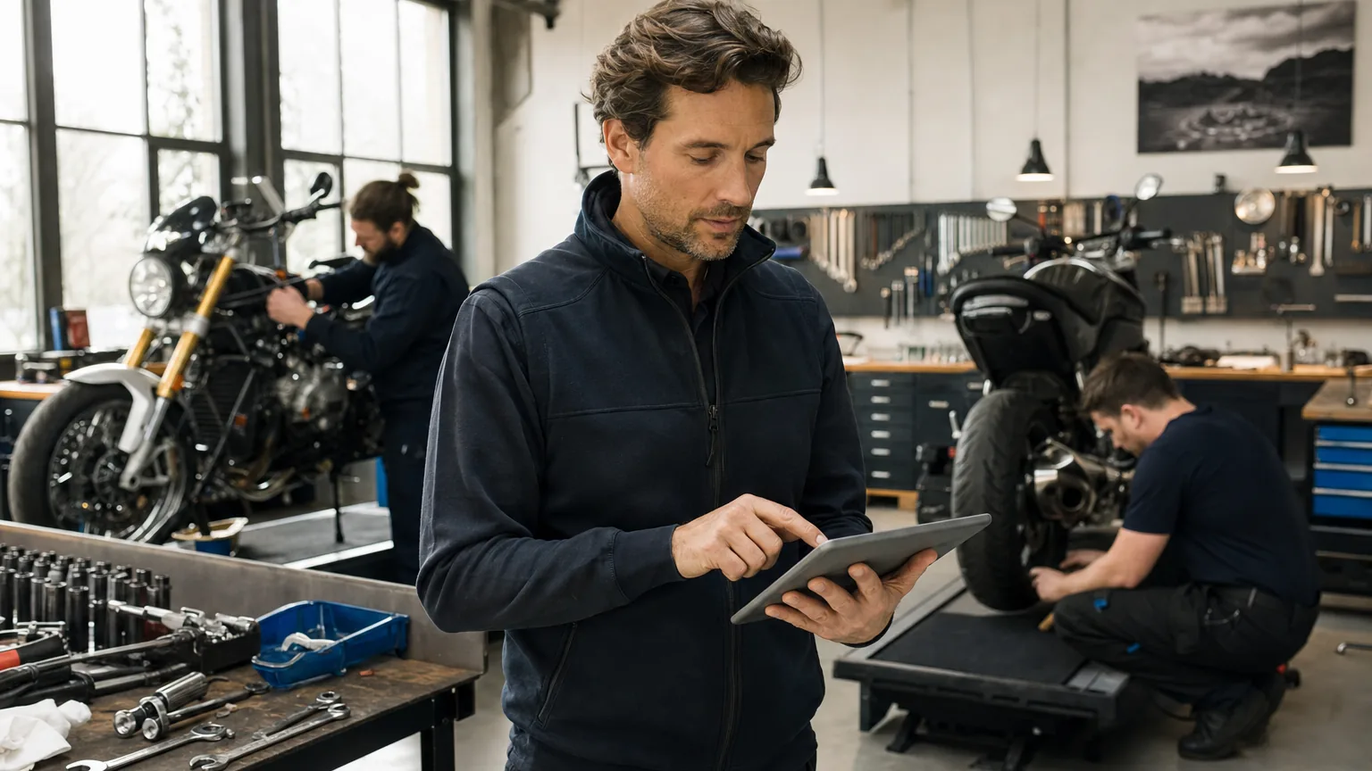 Service advisor updating a repair status while motorcycle technicians continue working