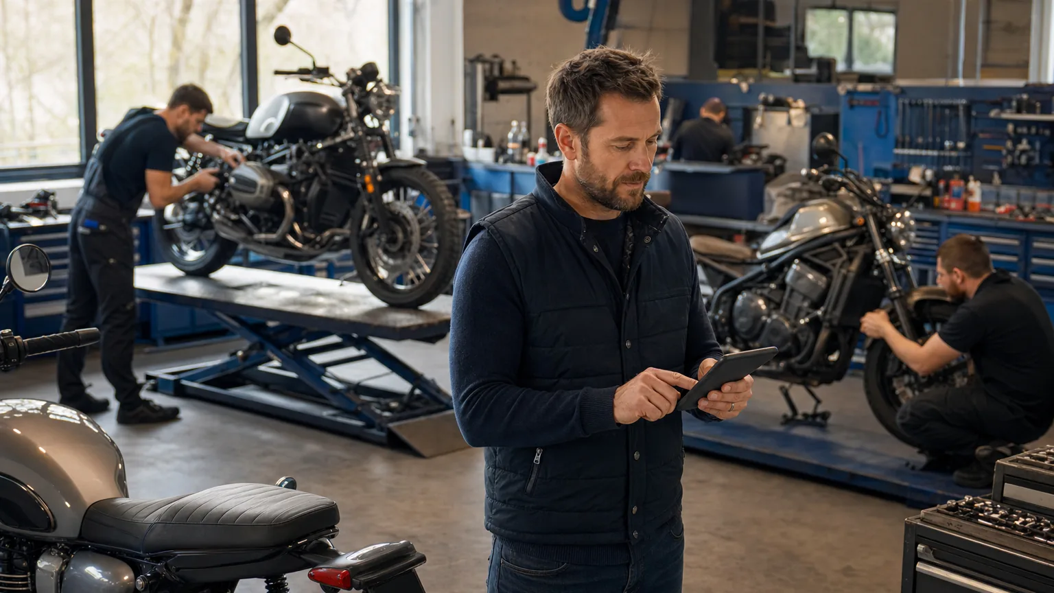 Organized motorcycle workshop team communicating updates during the busy spring season